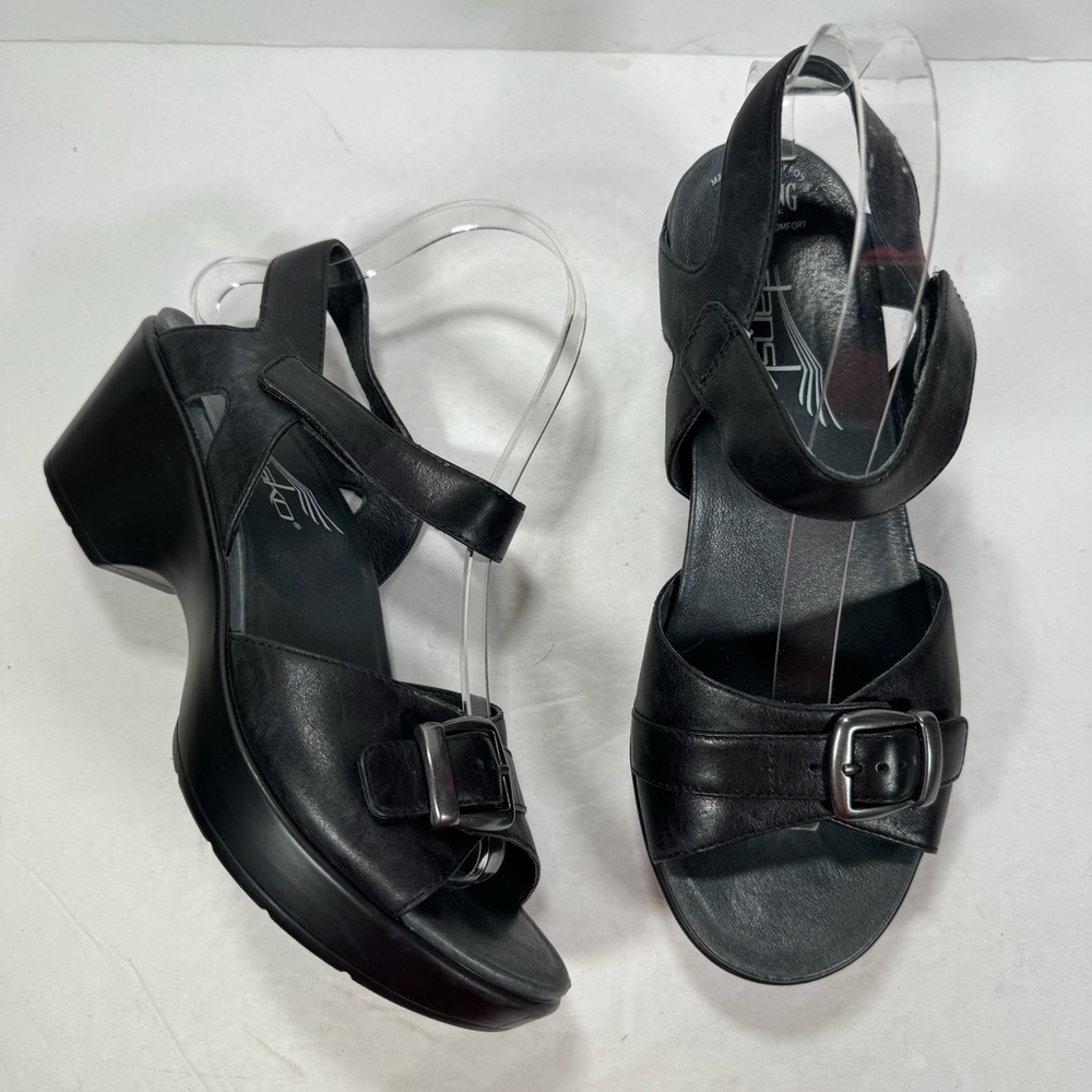 Dansko Black Leather Buckle Platform Sandals